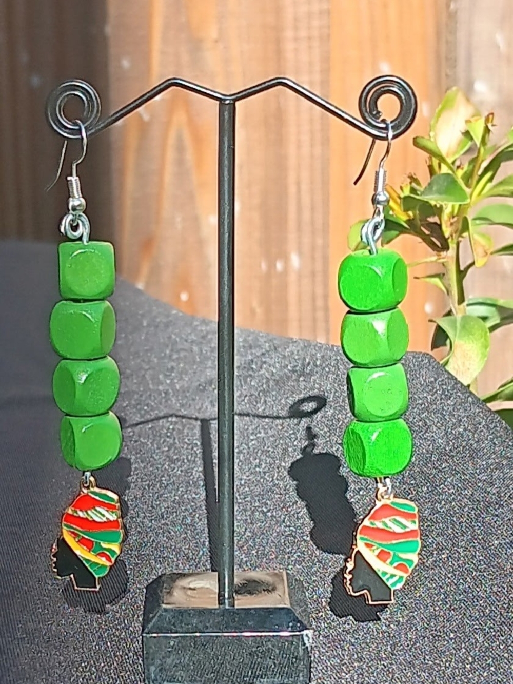 Hand Made Green Beaded Drop Earrings with Colorful Map Charm